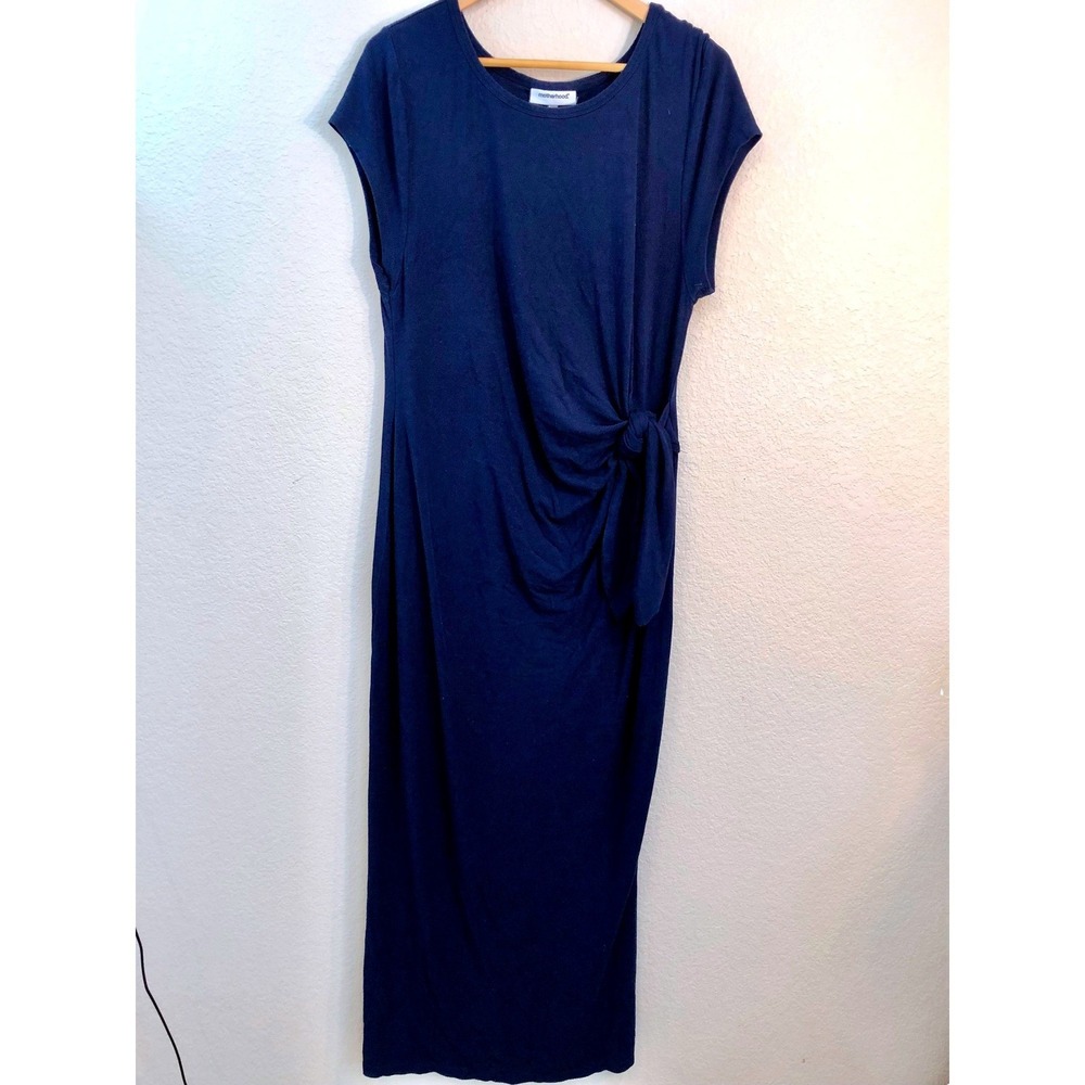 Motherhood Maternity Navy Blue Side Tie Knot Maxi Dress XL Short Sleeve Slit - Picture 2 of 6